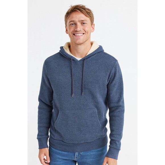 Old Navy Pullover Mens Blue Ribbed Sherpa Lined Waffle Knit Pockets Hoodie Sz M - Picture 1 of 6